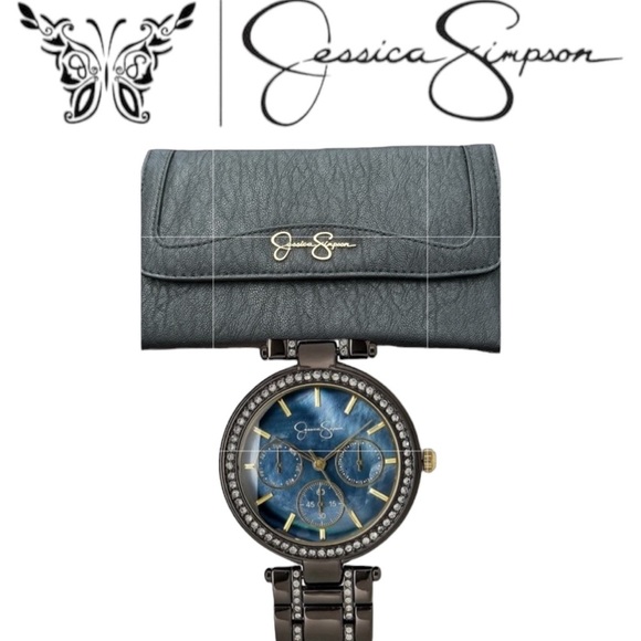 Jessica Simpson Bundle-Long Wallet NWOT & Crystal Gunmental Watch NWT - Picture 1 of 14